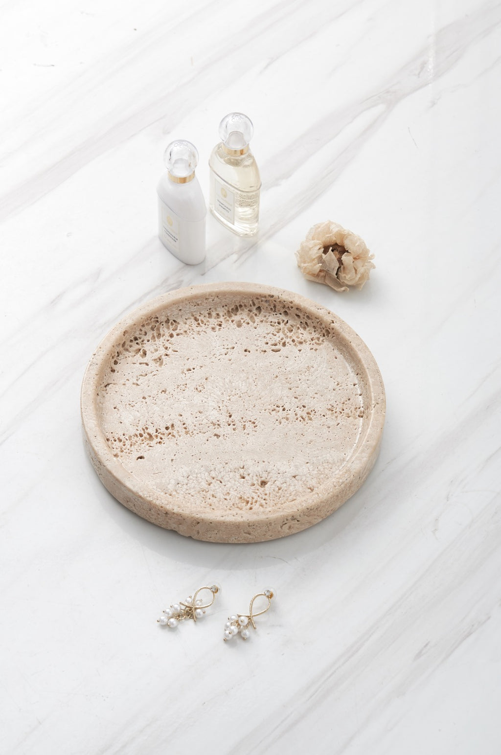 Natural Travertine Round Marble Tray – Beige, 25cm × 2.5cm