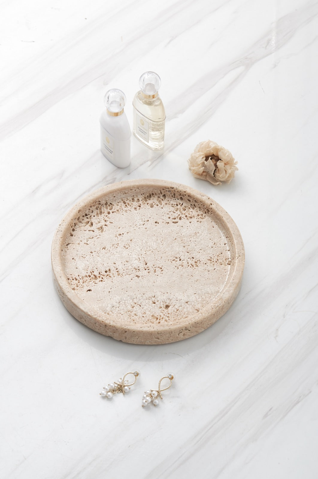 1CHASE Natural Travertine Round Marble Tray Beige, For Jewels Perfume Makeup Tray, Coffee Table Tray, Bathroom Tray, Serving Tray, Dining Area, Bedroom 25cm X 2.5