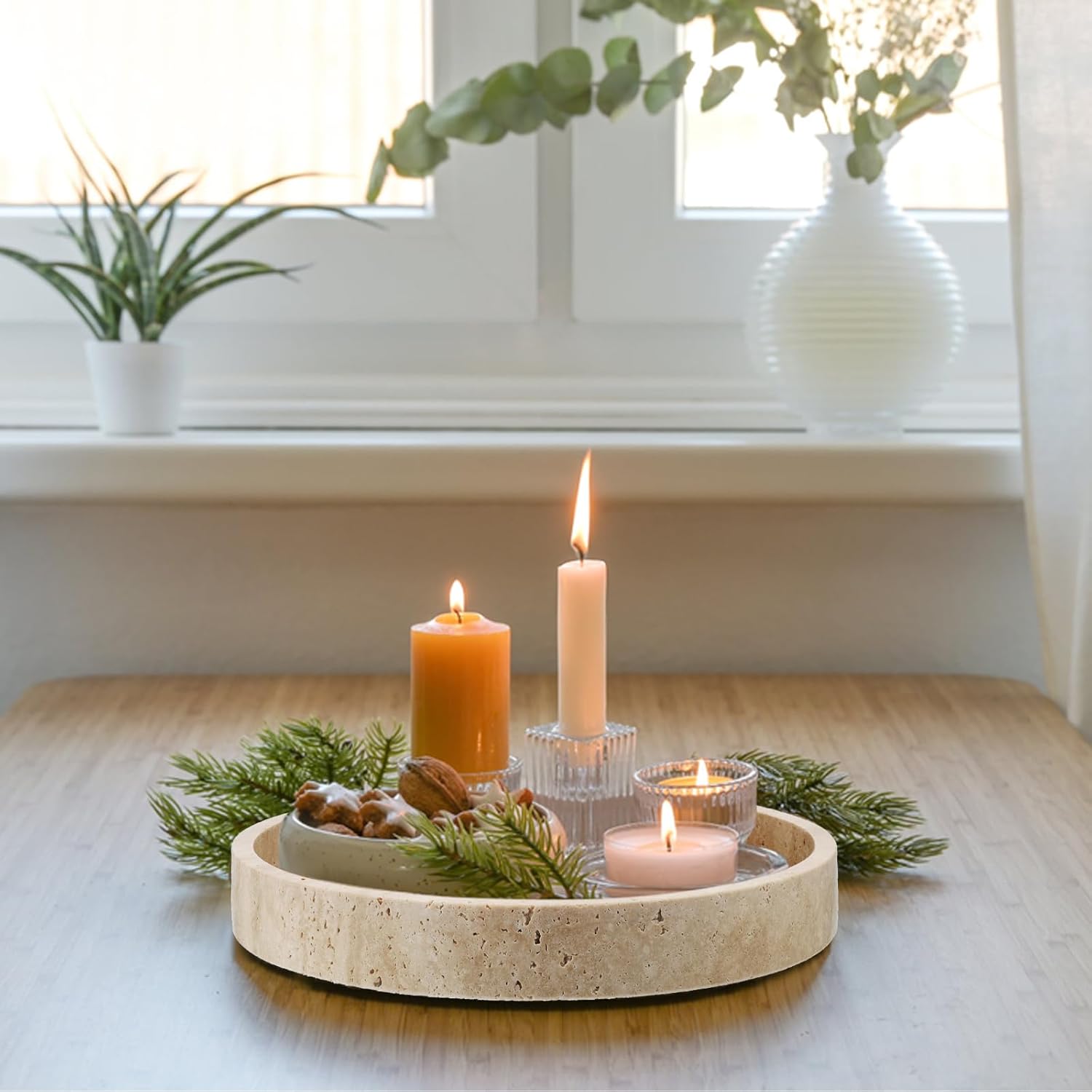 Natural Travertine Round Marble Tray – Beige, 25cm × 2.5cm