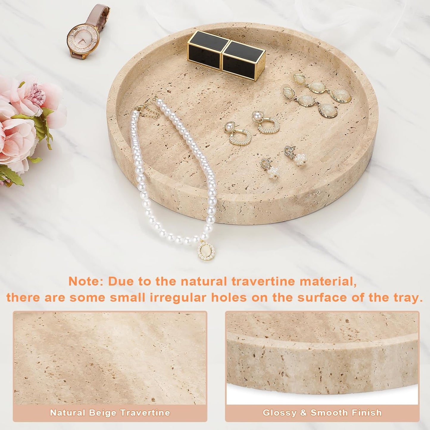 1CHASE Natural Travertine Round Marble Tray Beige, For Jewels Perfume Makeup Tray, Coffee Table Tray, Bathroom Tray, Serving Tray, Dining Area, Bedroom 25cm X 2.5