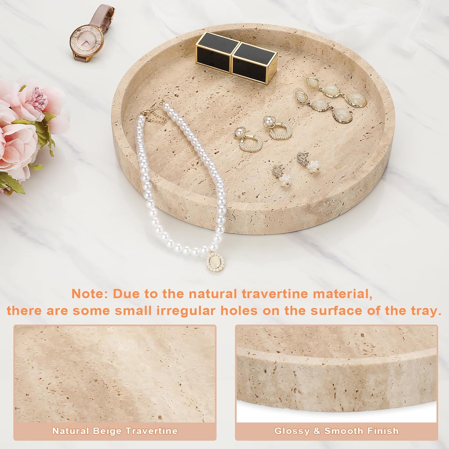 Natural Travertine Round Marble Tray – Beige, 25cm × 2.5cm