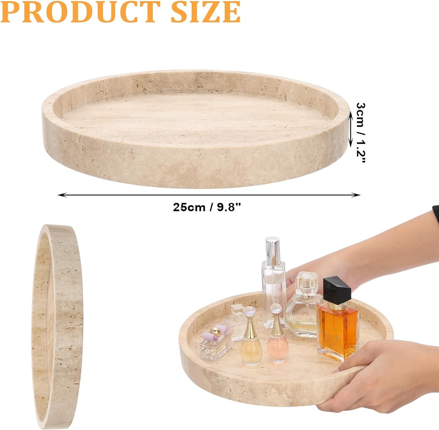 1CHASE Natural Travertine Round Marble Tray Beige, For Jewels Perfume Makeup Tray, Coffee Table Tray, Bathroom Tray, Serving Tray, Dining Area, Bedroom 25cm X 2.5