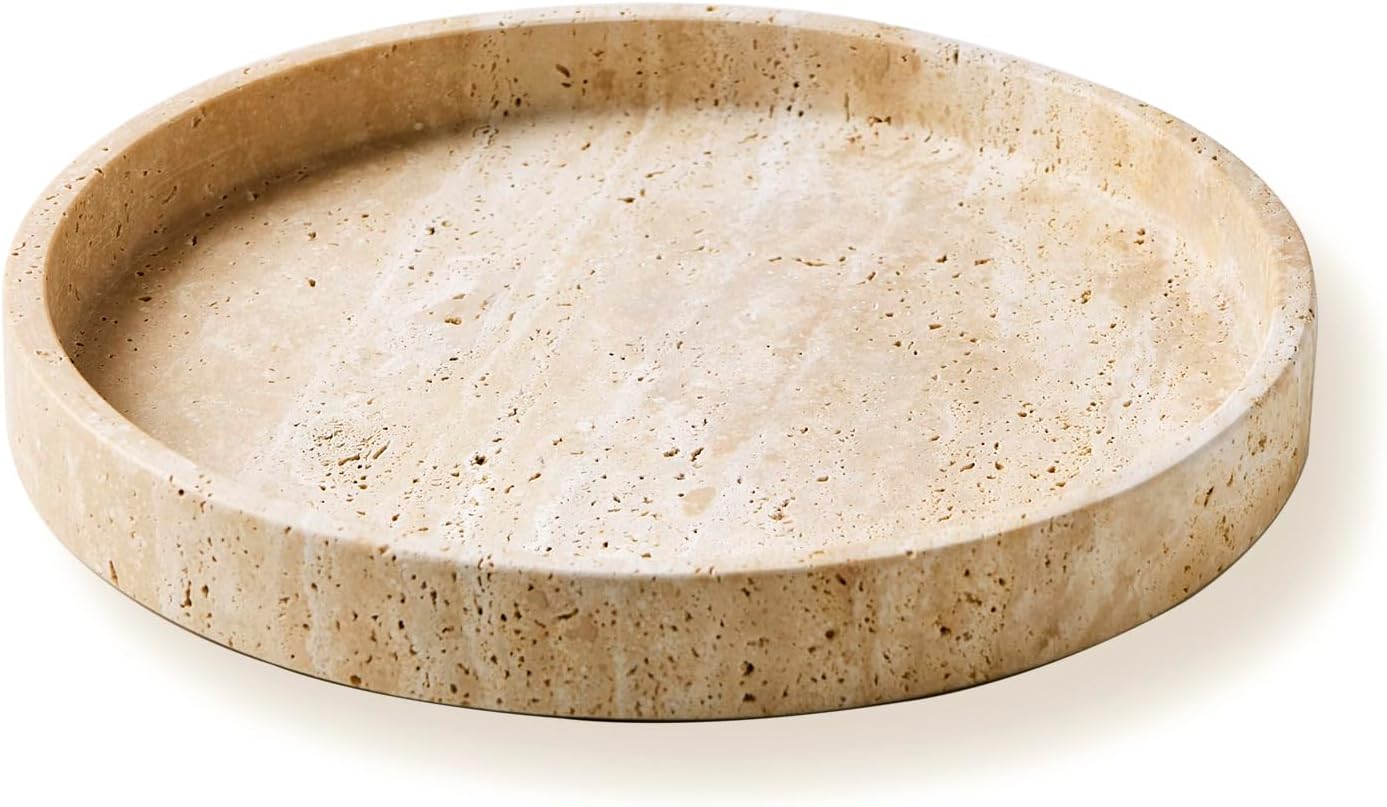Natural Travertine Round Marble Tray – Beige, 25cm × 2.5cm