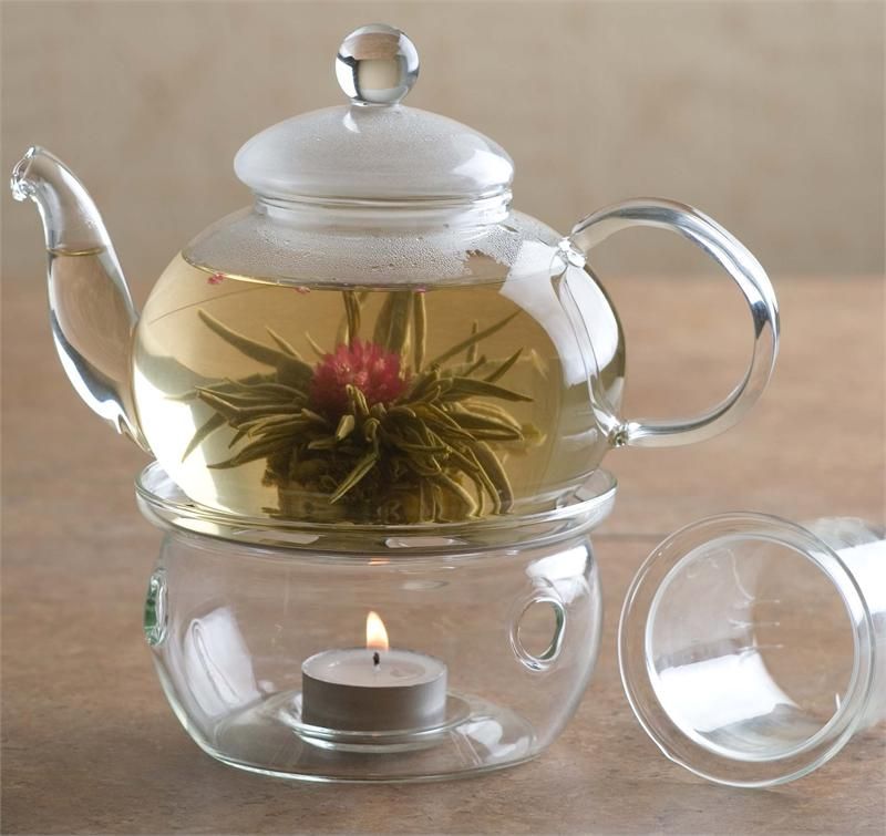 Glass Tea Set - Glass 600ml Teapot With Round Tea Warmer and 100 ML 4 Tea Cups With Saucer