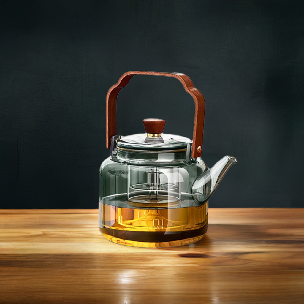 1Chase Borosilicate Glass Teapot – Smokey Grey 1000 ML, Heat-Resistant with Acica Wooden Handle & Strainer – Compatible with Electric Stoves