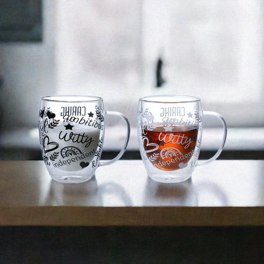 Borosilicate Double Wall Themed Coffee Cup with Handle and Straw 350 ML (Set of 2), Double Insulated Glass Cup for Hot Cold Beverages, Cappuccino (Positive Quotes)