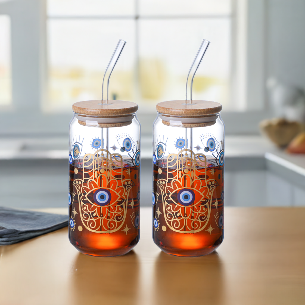 1CHASE Borosilicate Evil Eye Printed Drinking Glasses With Bamboo Lid and Glass Straw, 550ML (Set of 2), Mason Jar, Can Shaped Tumblers (Evil Eye)