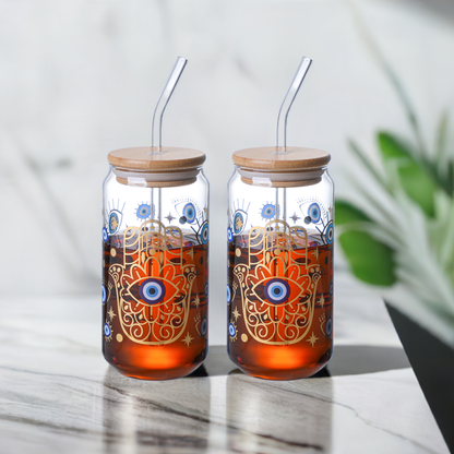 1CHASE Borosilicate Evil Eye Printed Drinking Glasses With Bamboo Lid and Glass Straw, 550ML (Set of 2), Mason Jar, Can Shaped Tumblers (Evil Eye)