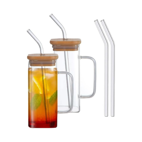 Borosilicate Square Drinking Glasses With Bamboo Lid, Glass Straw and Handle 320 ML (Pack of 2)