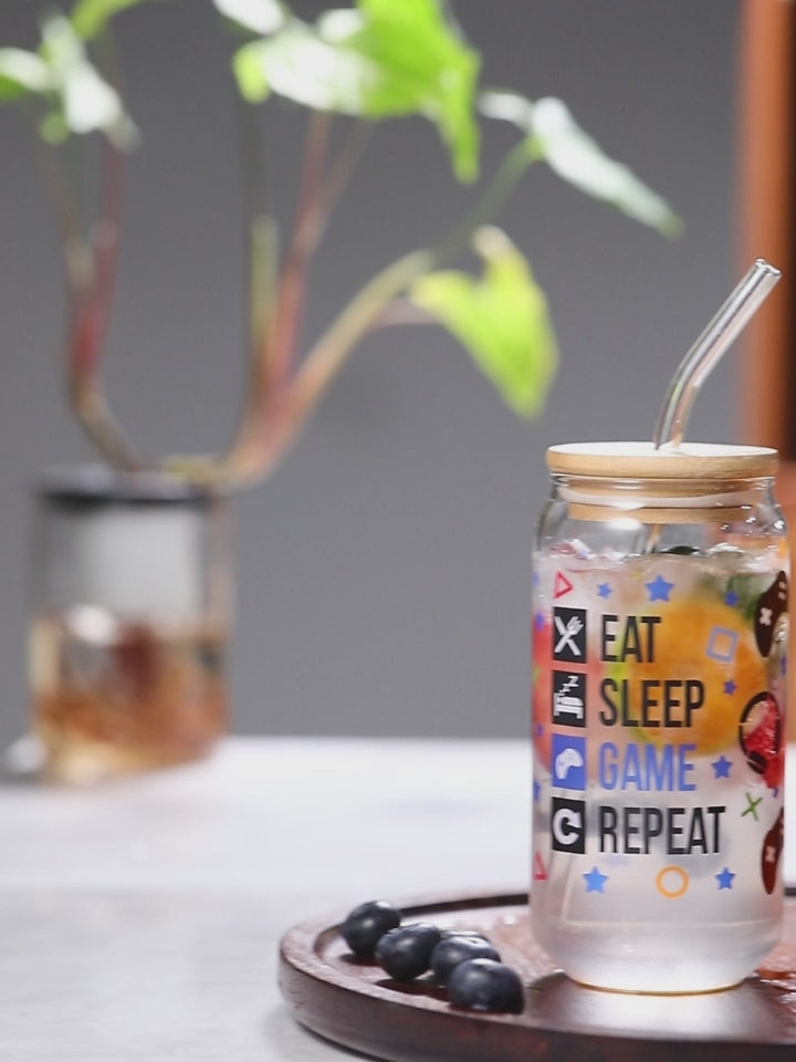 Gamer Sipper Glass Set 550ML – Bamboo Lid & Straw, Set of 2