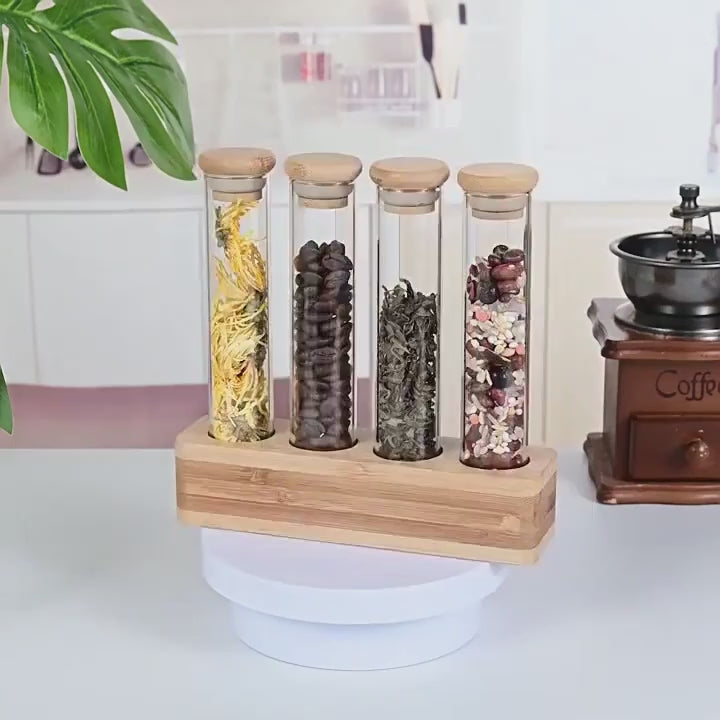 Borosilicate Glass Storage Tube With Bamboo Lid and Wooden Base 100 ML ( Set of 4 )