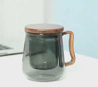 Smoky Grey Borosilicate Glass Mug With Infuser, Walnut Lid and Handle 500 ML