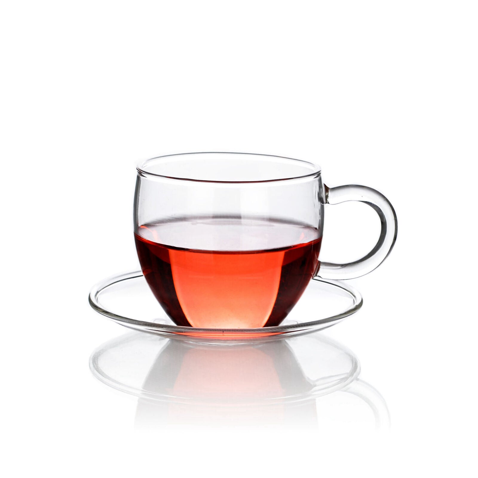 Glass Tea Set - Glass 600ml Teapot With Round Tea Warmer and 100 ML 4 Tea Cups With Saucer