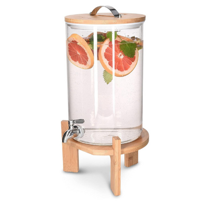Borosilicate Glass Drink Dispenser with Spigot and Wooden Stand
