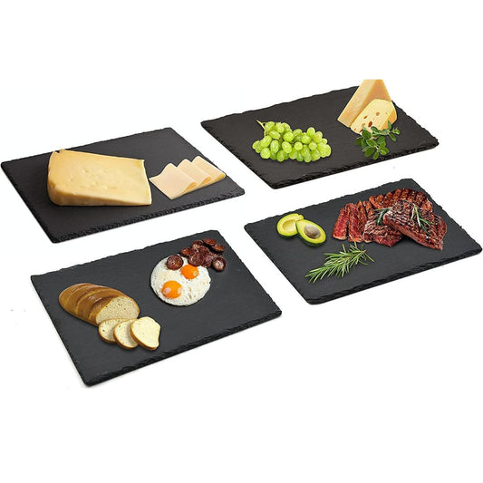 Natural Stone Rock Slate Plates Black Gourmet Serving Platter, 4Pcs Pack 30x20cm
