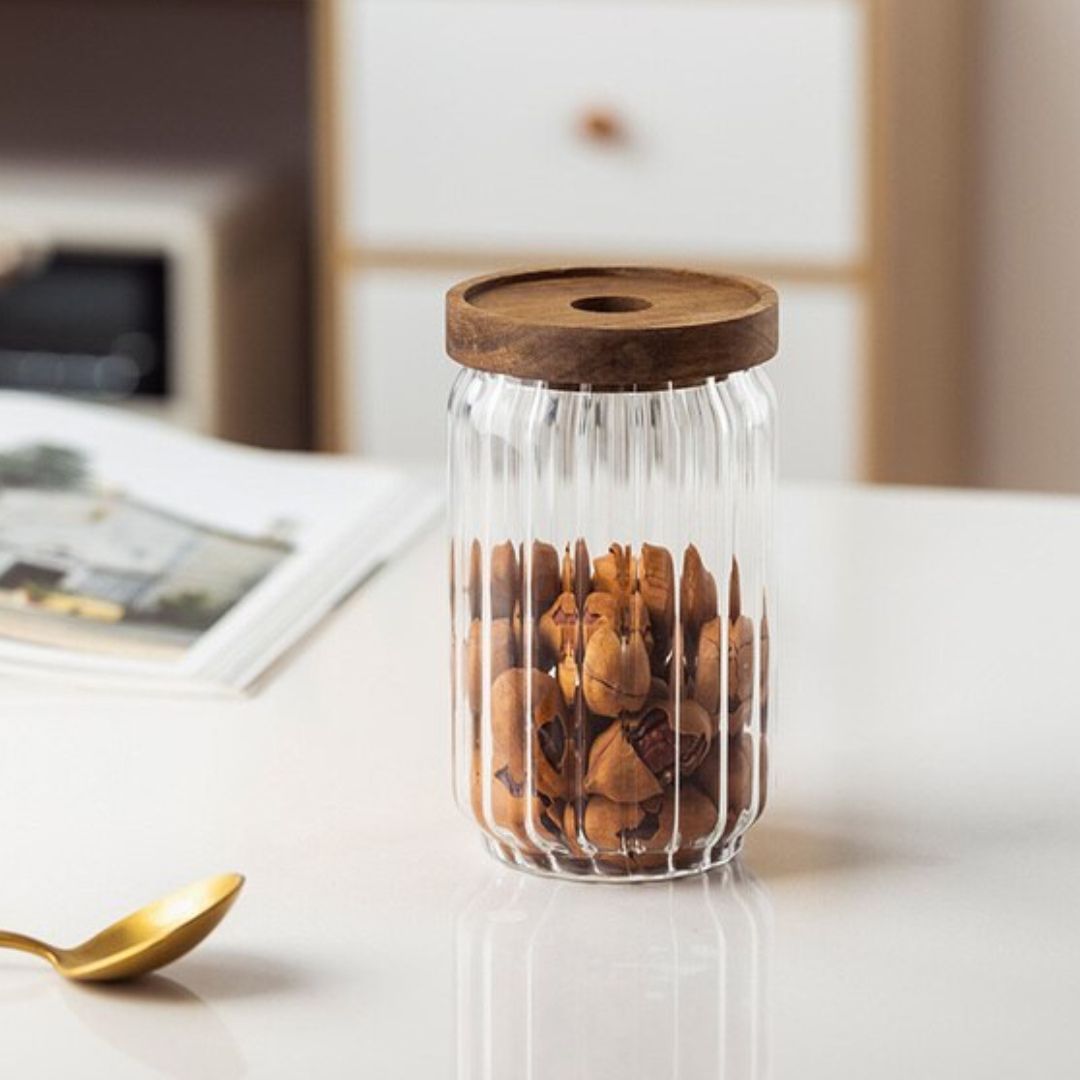 Stripe Glass Food Storage Jar With Acacia Wood Air Tight Lid, Set Of 2