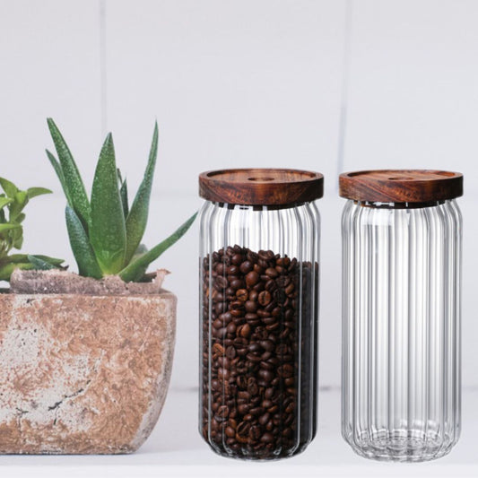 Stripe Glass Food Storage Jar With Acacia Wood Air Tight Lid, Set Of 2