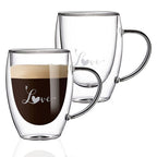 Romantic Borosilicate Double Wall Glass Mugs with Handle, 350ml - Love Print Design, Set of 2 - Perfect for Valentine's Day Gifting, Couples, Anniversaries & Special Occasions