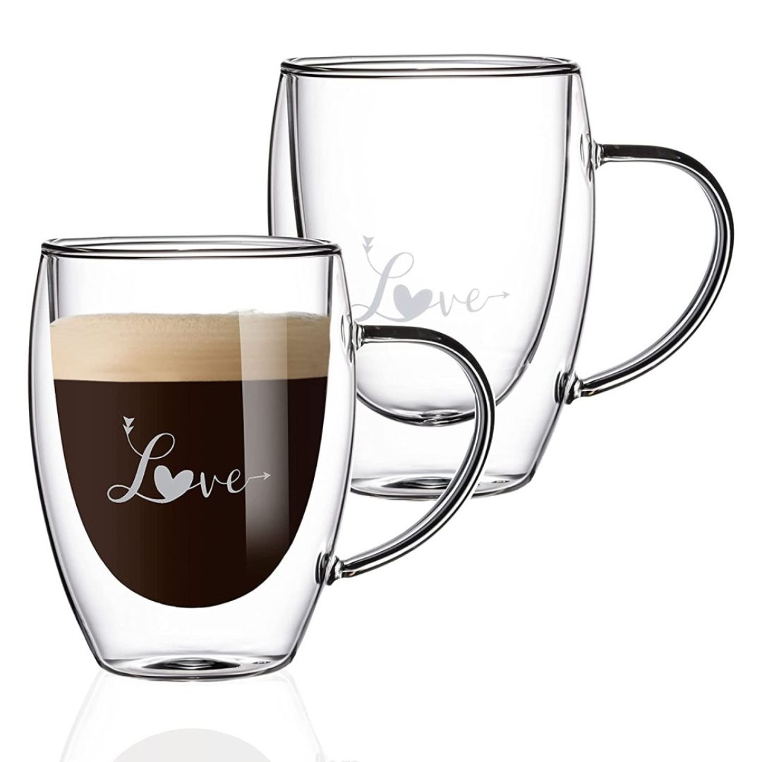 Romantic Borosilicate Double Wall Glass Mugs with Handle, 350ml - Love Print Design, Set of 2 - Perfect for Valentine's Day Gifting, Couples, Anniversaries & Special Occasions
