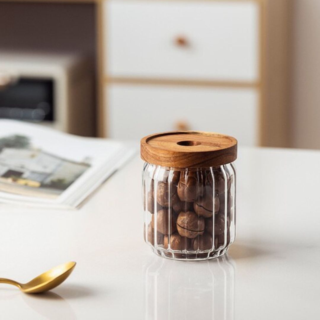 Stripe Glass Food Storage Jar With Acacia Wood Air Tight Lid, Set Of 2