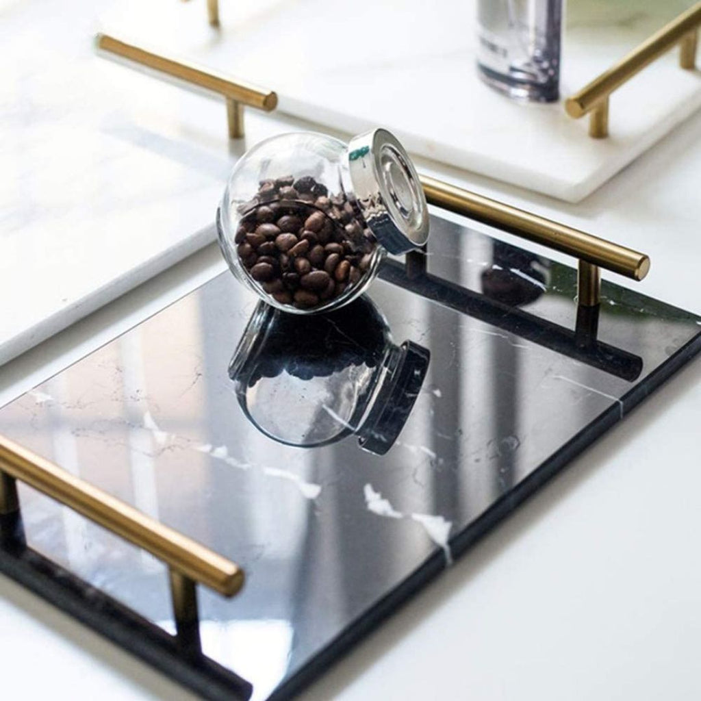 Natural Marble Vanity Trinket Tray with Golden Handles- Black