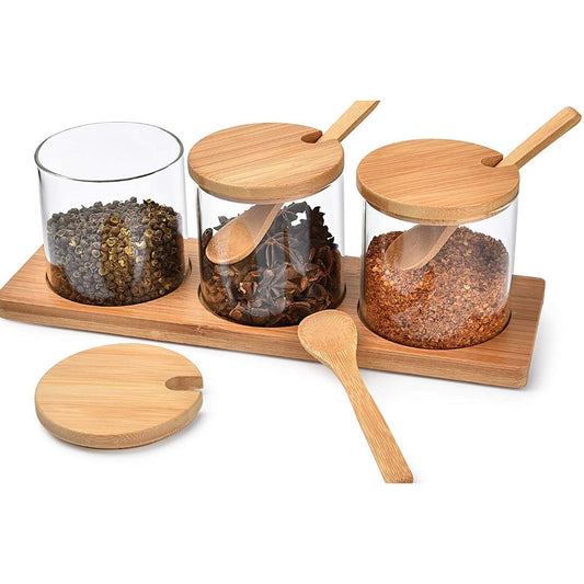 3 Pcs Spice Condiment Container Canister Pots with Wooden Base, Spoon and Lid 300 ML