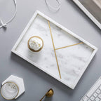 Rectangular Marble Stone Tray With Gold Rib Pattern (WHITE)