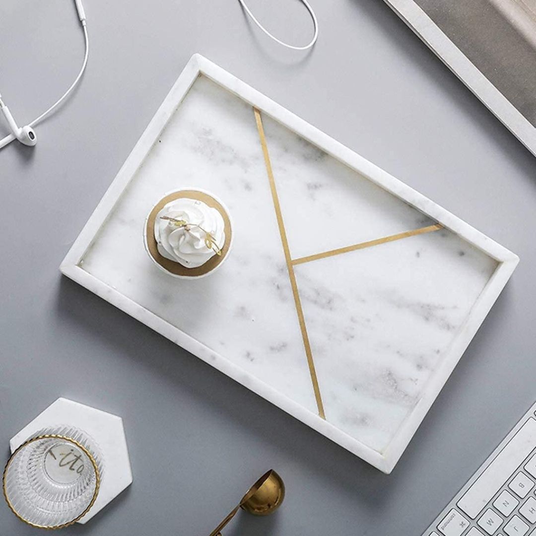 Rectangular Marble Stone Tray With Gold Rib Pattern (WHITE)