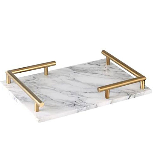 Rectangular Natural Marble Tray with Gold L Shaped Handles- White