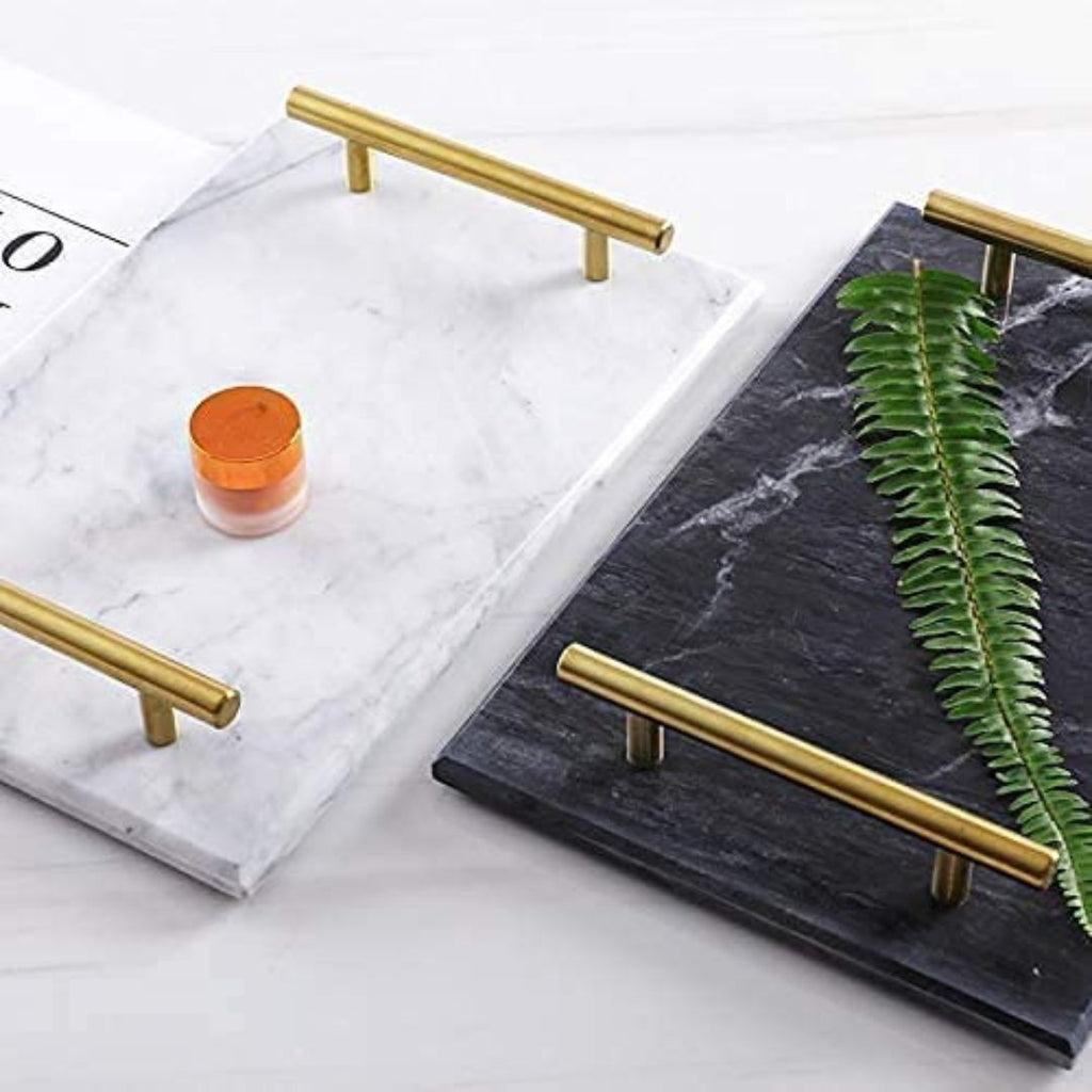 Natural Marble Vanity Trinket Tray with Golden Handles- Black