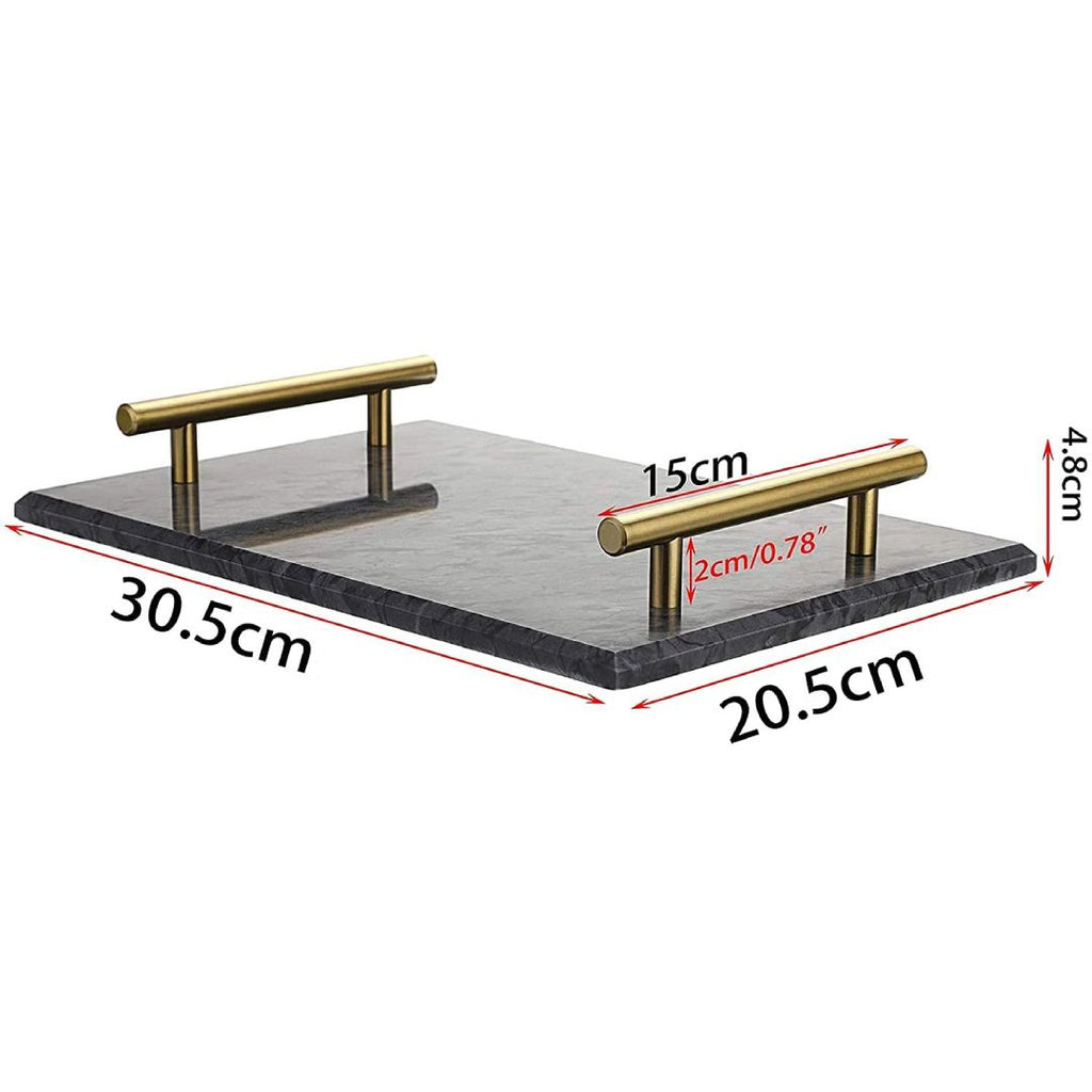 Natural Marble Vanity Trinket Tray with Golden Handles- Black