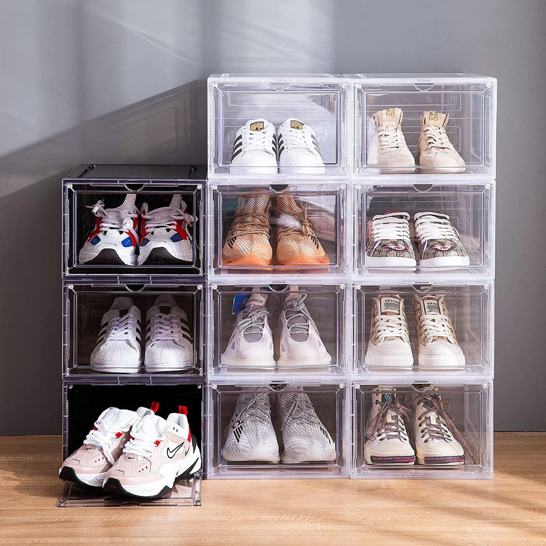 Shoe Storage Box Drop Front Open Organizer Boxes Stores Shoes Size up to UK 46 Set Of 2