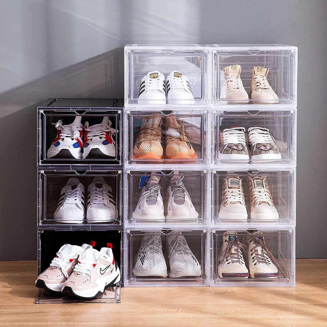 Shoe Storage Box, Drop Front Open Organizer Boxes - Stores Shoes Size up to UK 46, Set Of 2