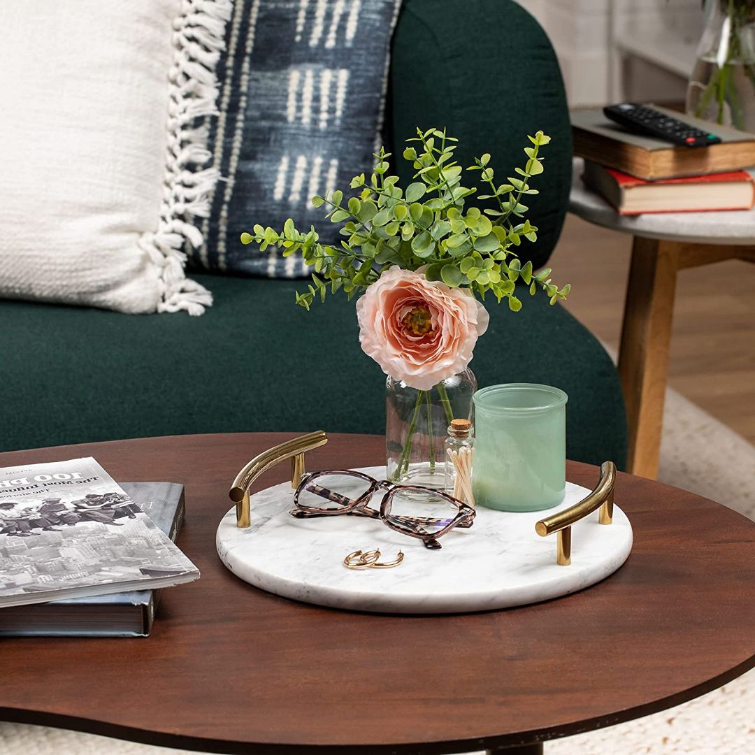 Round White Marble Tray With Gold Handle