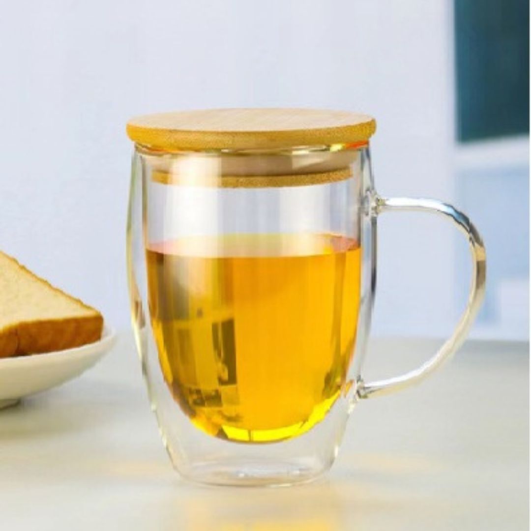 Double Wall Glass Coffee Mug with Bamboo Lid 350 ML
