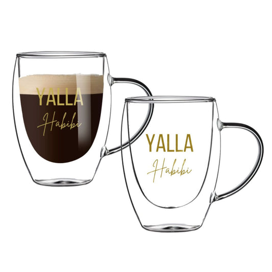 Double Wall "Yalla Habibi" Printed Glass Mugs 350 ML (Set of 2)