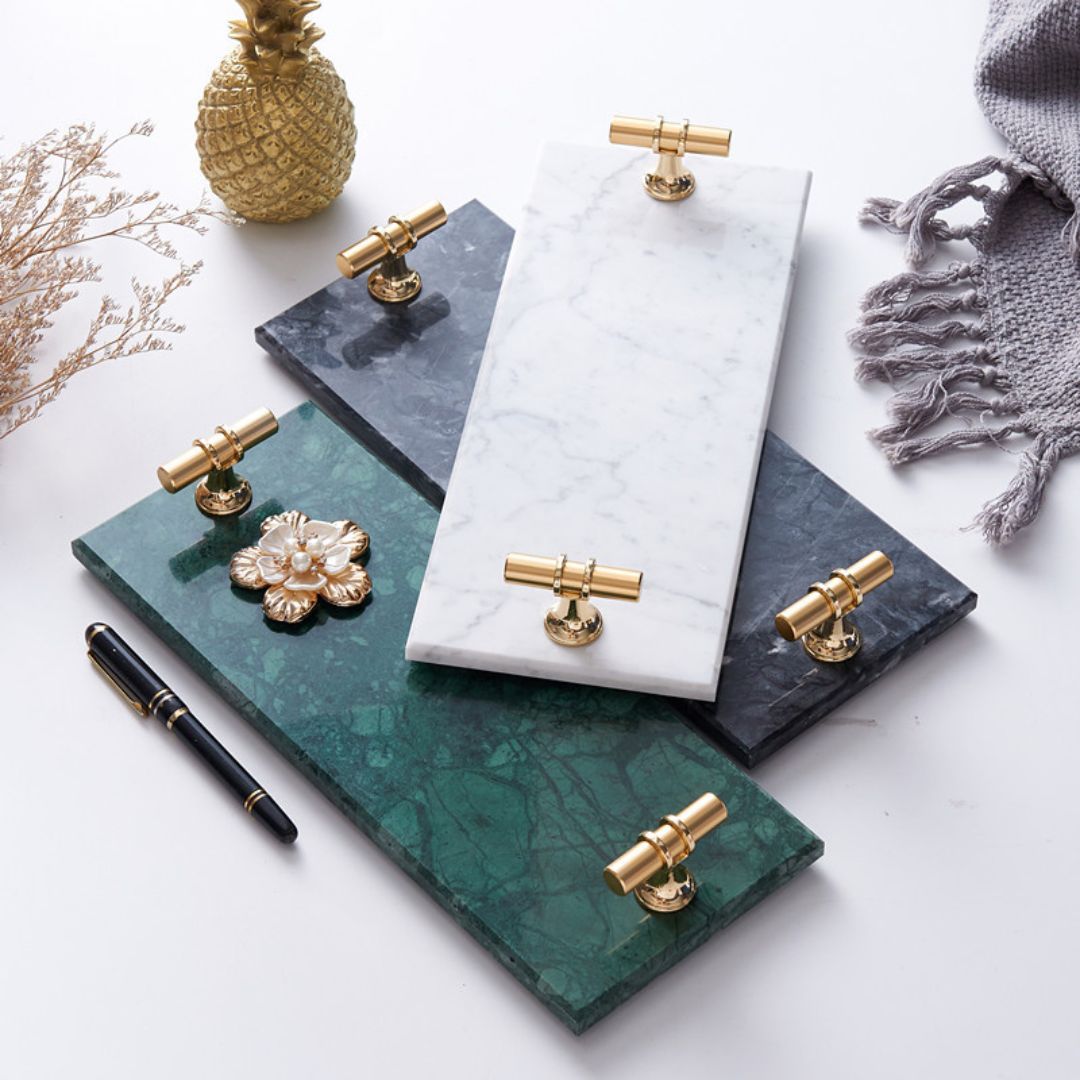 Rectangular Natural Marble Tray with Gold T Shaped Handles- White
