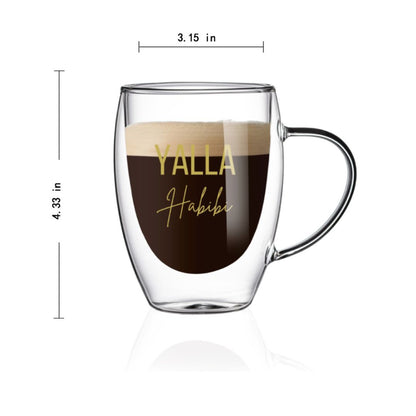 Double Wall "Yalla Habibi" Printed Glass Mugs 350 ML (Set of 2)