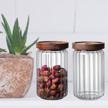 Stripe Glass Food Storage Jar With Acacia Wood Air Tight Lid, Set Of 2