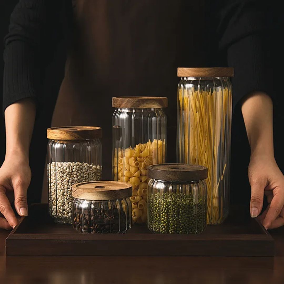 Stripe Glass Food Storage Jar With Acacia Wood Air Tight Lid, Set Of 2