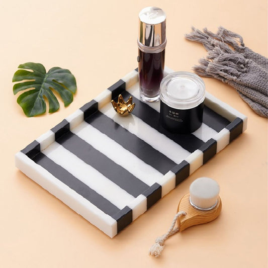 Black and White Stripe Natural Marble Decorative Vanity Tray With Edge 30x20 CM