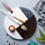 Natural Round Shape Marble Tray With Acacia Wood And Leather Strap 25 CM