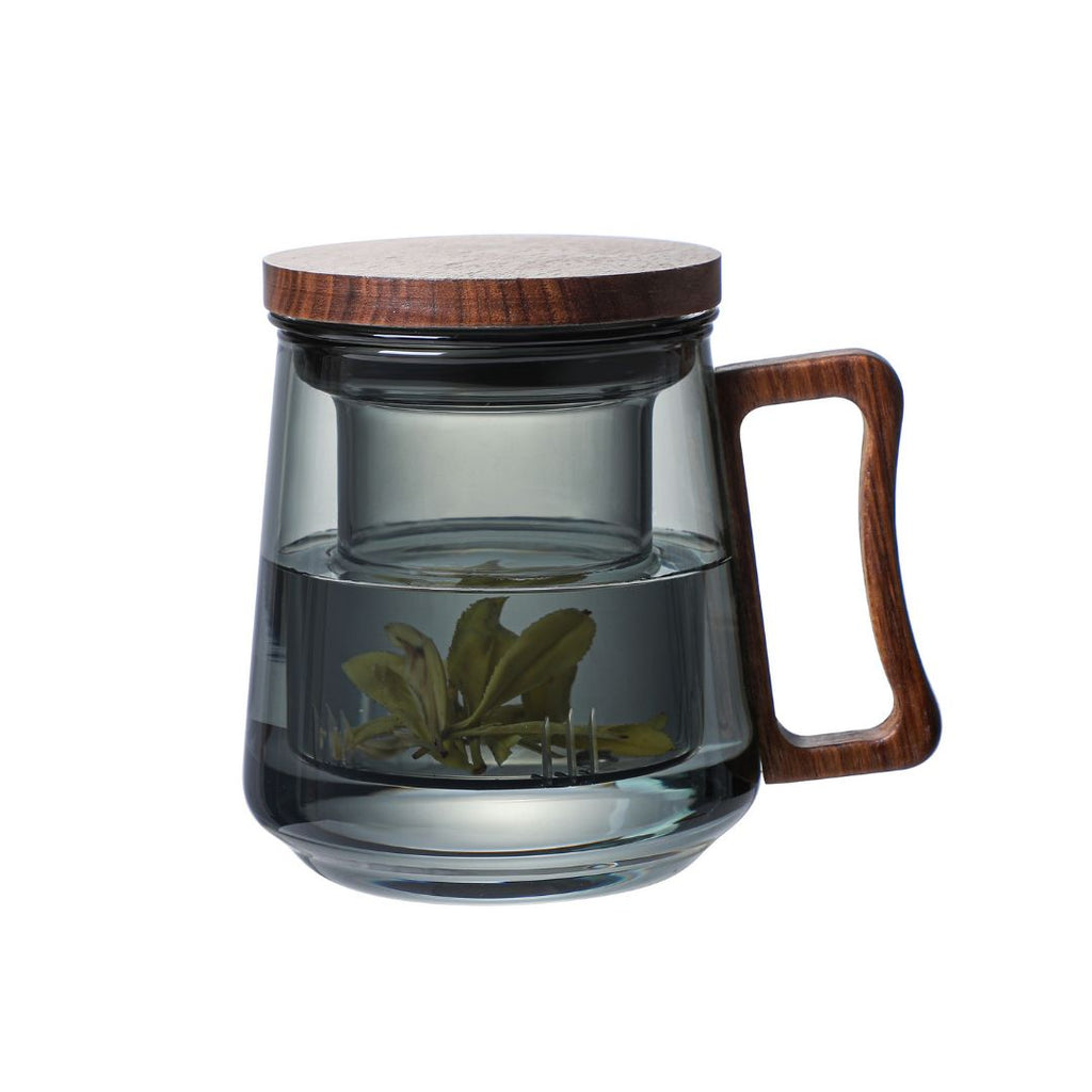 Smoky Grey Borosilicate Glass Mug With Infuser, Walnut Lid and Handle 500 ML