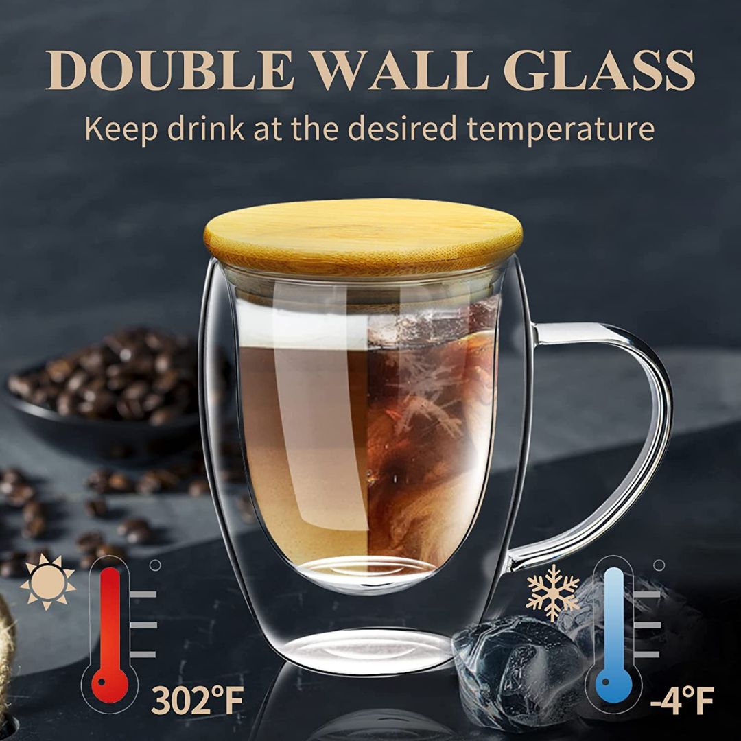 Double Wall Glass Coffee Mug with Bamboo Lid 350 ML