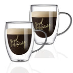 Double Wall Good Morning Printed Glass Mugs 350 ML (Set of 2)