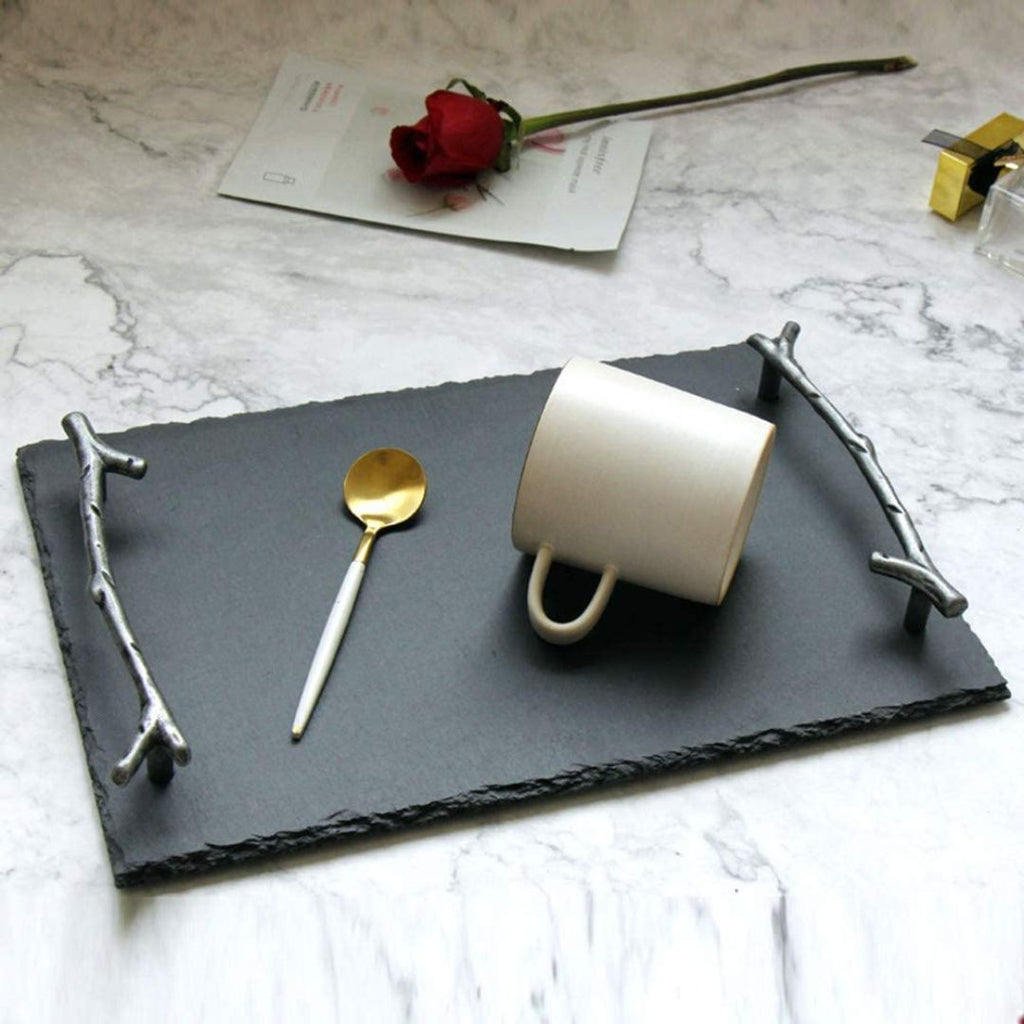 Natural Slate Serving Tray with Grey Arborization Handle – 30x20cm