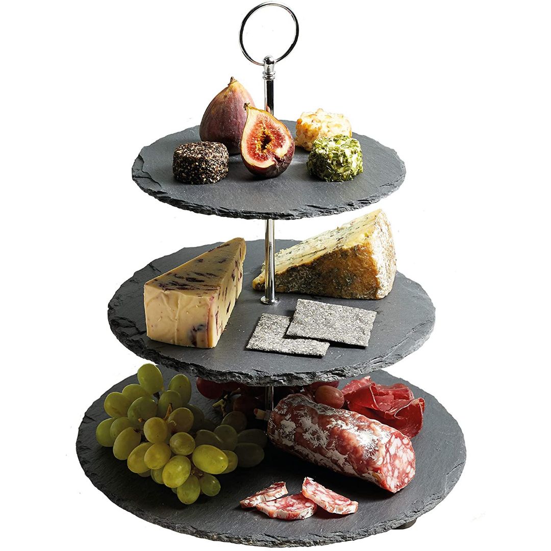3-Tier Natural Slate Cake Stand with Chrome Loop