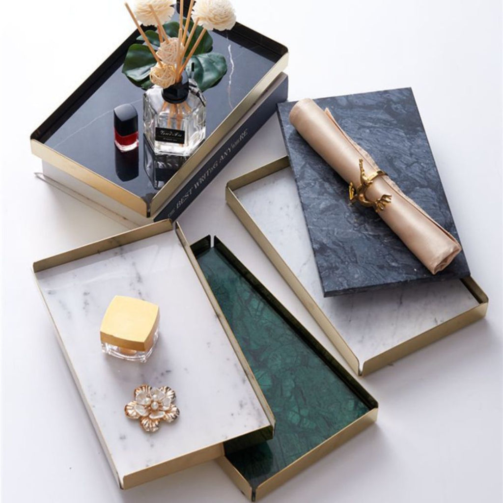 Black Natural Marble vanity Trinket Tray with Gold Detachable Base