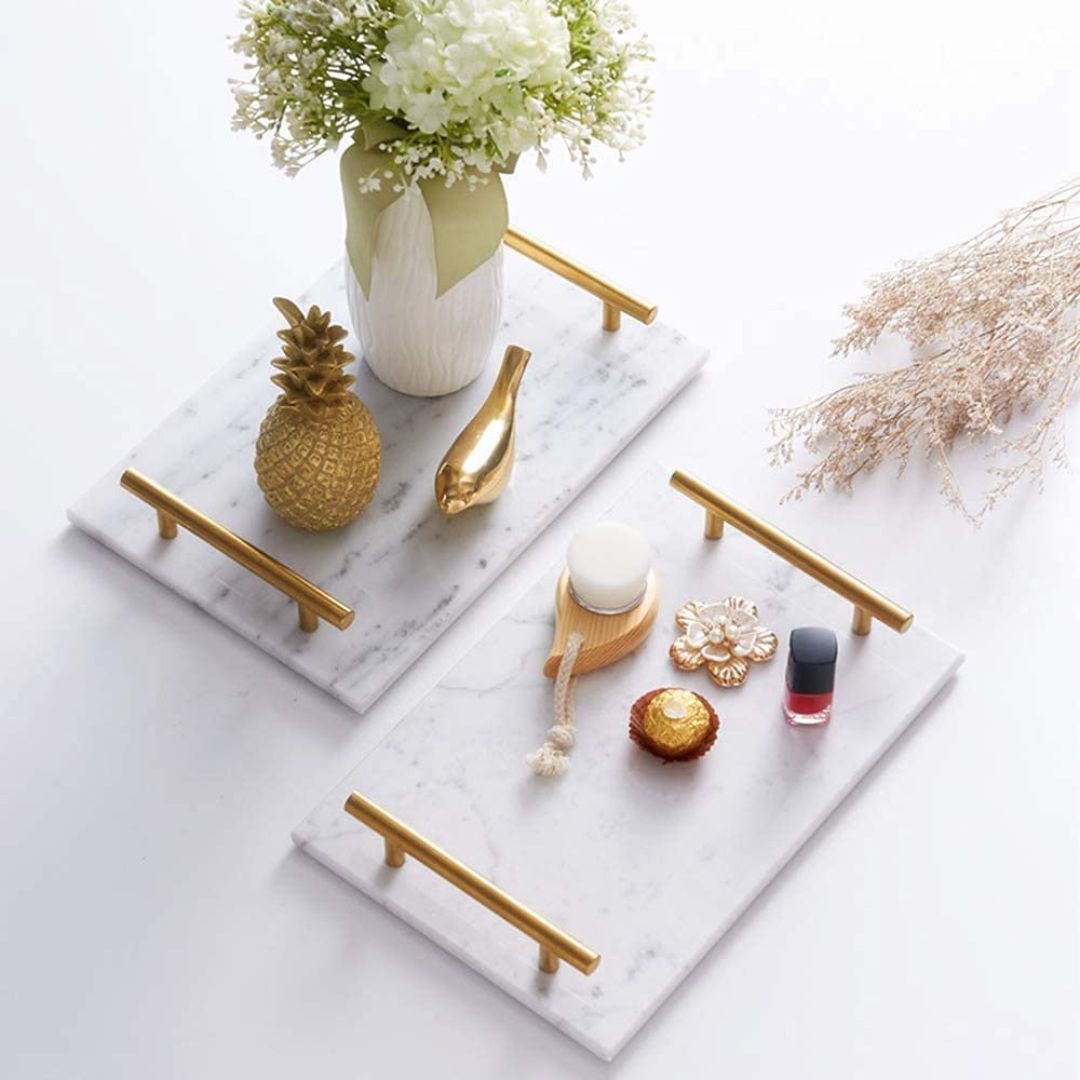 Natural Marble Vanity Trinket Tray with Golden Handles- White