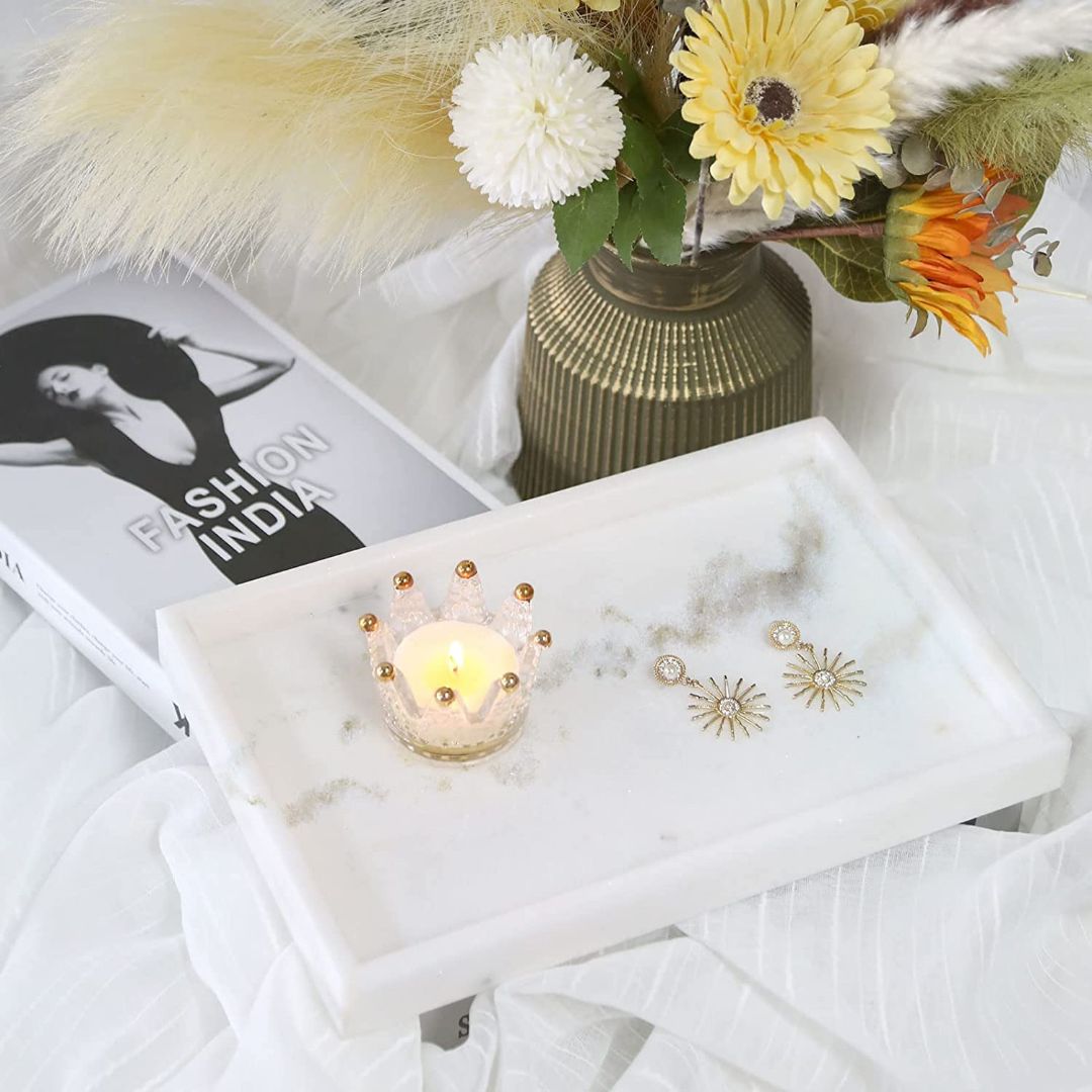 Rectangular Natural White Marble Stone Decorative Trinket Vanity Tray